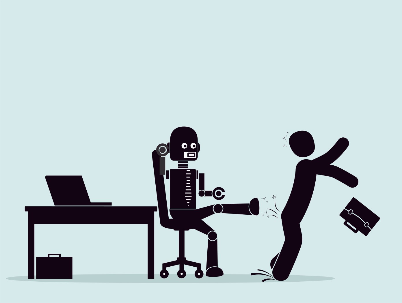 Picture of a robot sitting on an office chair, kicking a human out