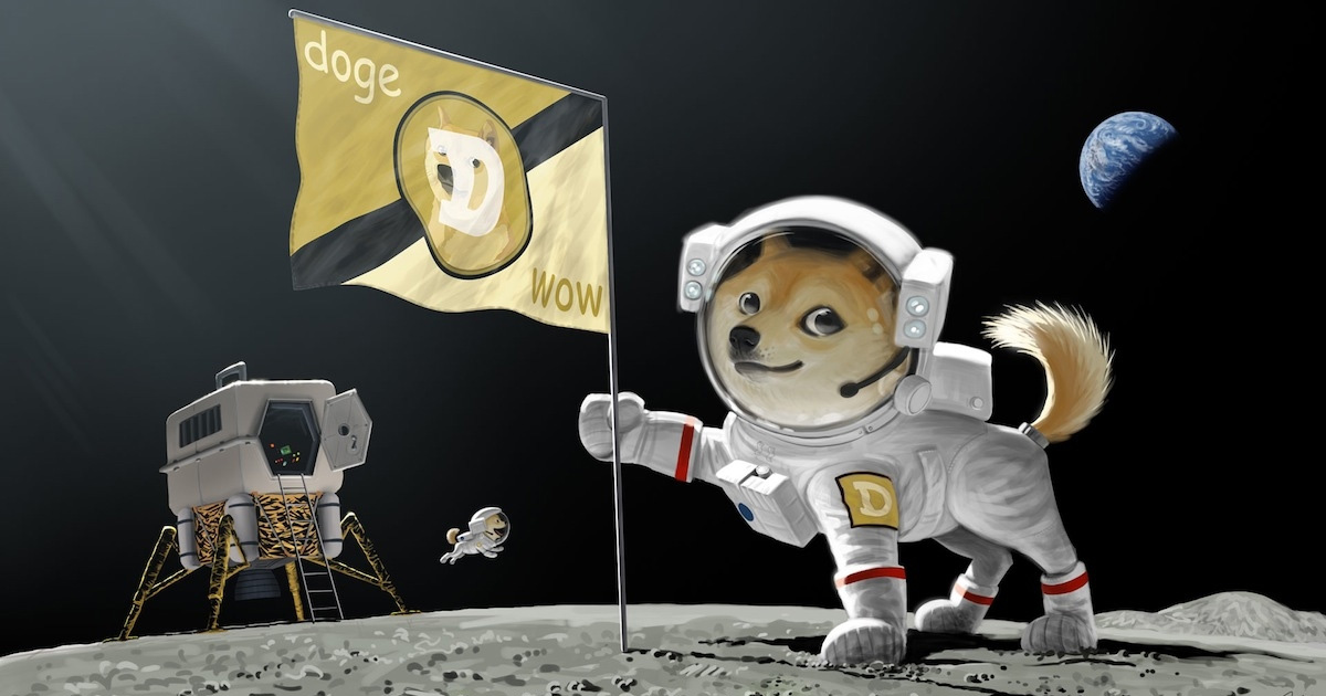 Picture of a Shiba Inu dog astronaut holding a Dogecoin flag on the moon, as SpaceX and GEC plans to offer space advertising for Dogecoin