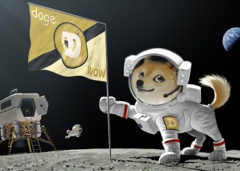 Picture of a Shiba Inu dog astronaut holding a Dogecoin flag on the moon, as SpaceX and GEC plans to offer space advertising for Dogecoin
