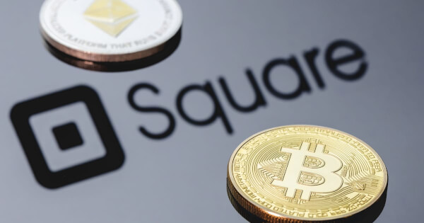 Picture of Square logo with a bitcoin and an ethereum coin next to it, as Square acquires Afterpay