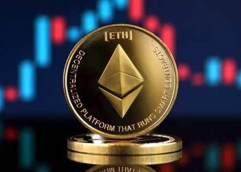 Picture of an Ethereum with a blue and red candlestick chart behind it