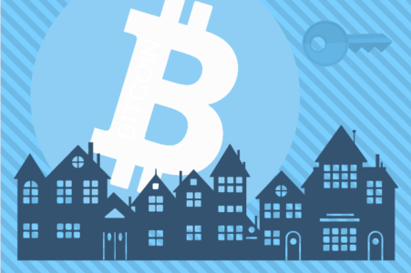 Picture of a Bitcoin logo above animated pictures of house