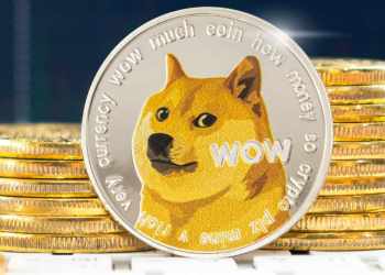 Picture of a dogecoin with stacks of dogecoins next to it