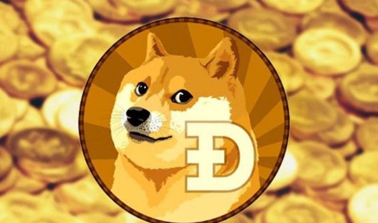 Picture of a Dogecoin with the Shiba Inu dog breed, with other gold dogecoins laying behind it