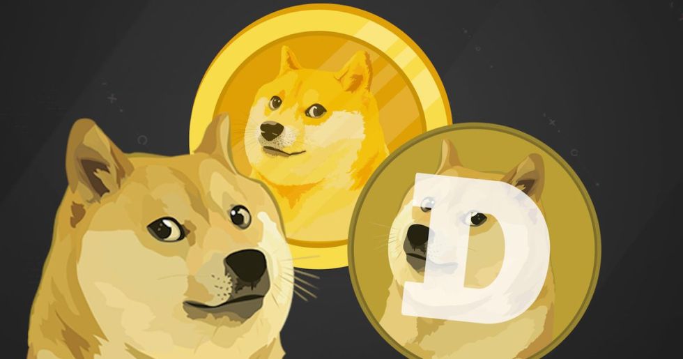 Picture of two Dogecoins next to a Shiba Inu dog breed