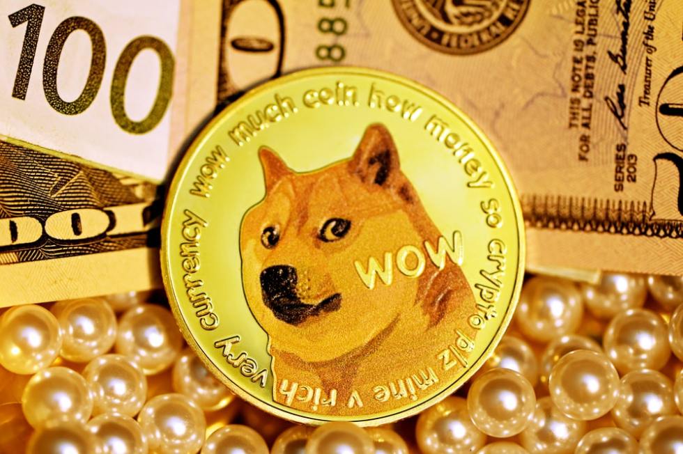Picture of a Dogecoin in front of a $100 bill and pearls underneath it