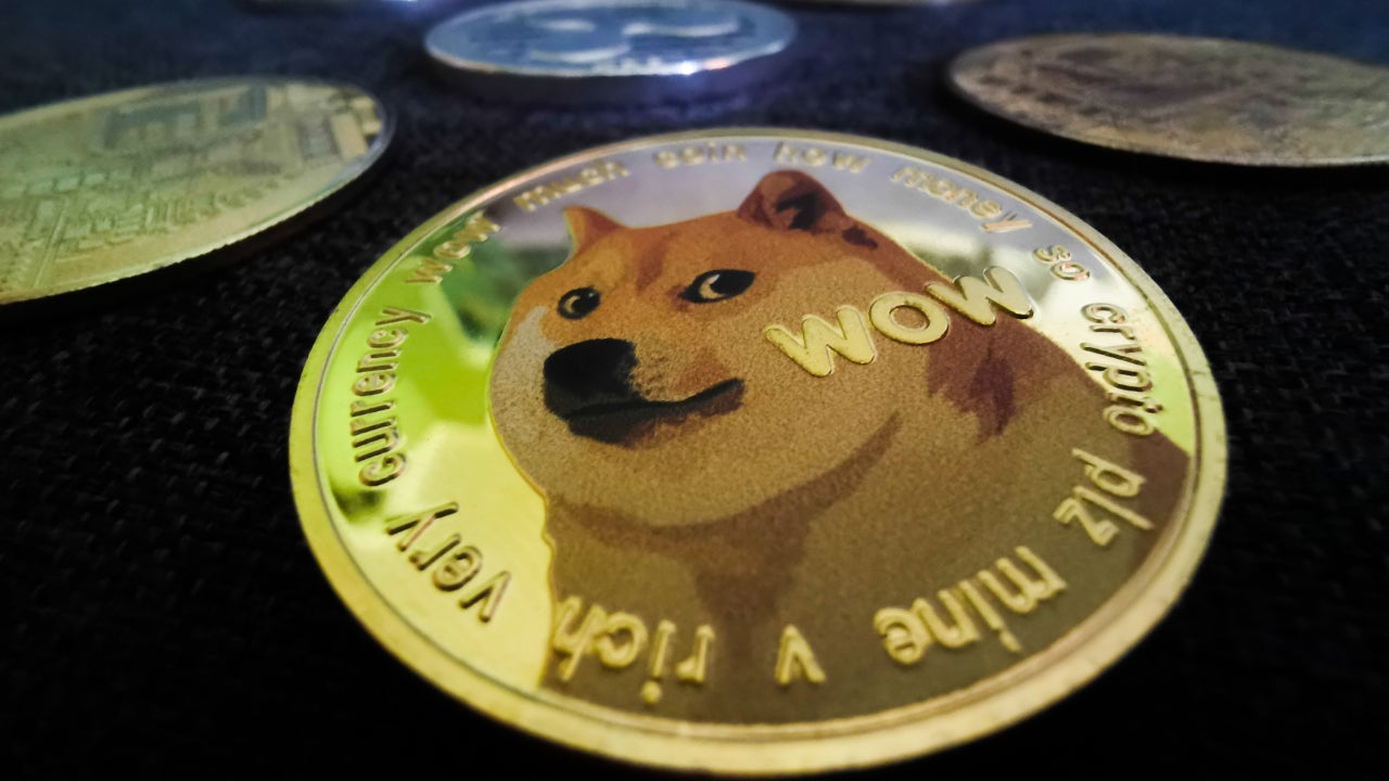 Picture of a Dogecoin in focus with other crypto coins out of focus behind it