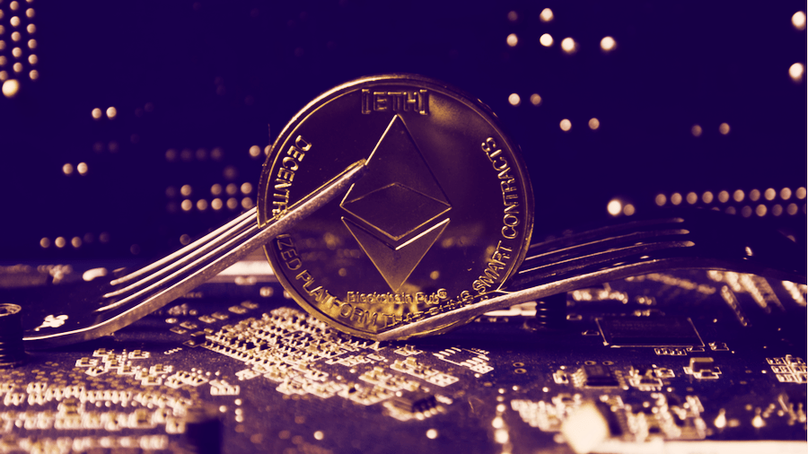 Picture of an Ethereum coin on a circuit board