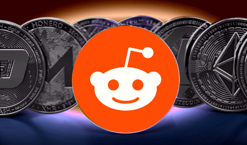 Picture of the Reddit logo in front of various crypto coins