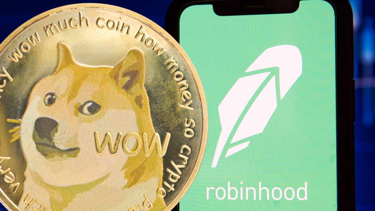 Picture of a gold Dogecoin next to a mobile phone with Robinhood app opened on it