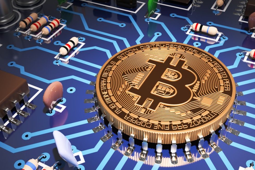 Picture of a bitcoin on a circuit board