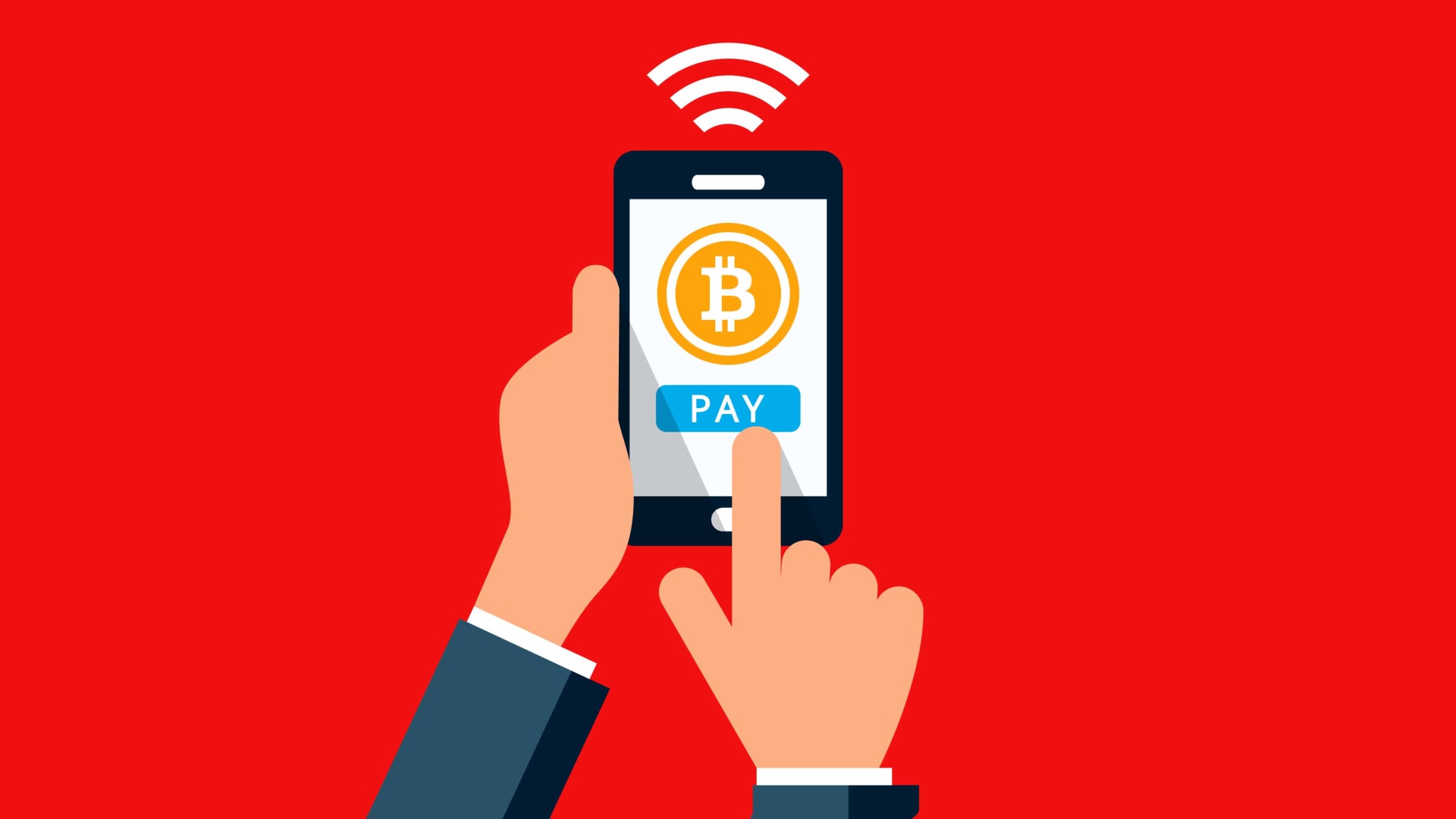 Picture of an animated hand paying with bitcoin on a mobile phone