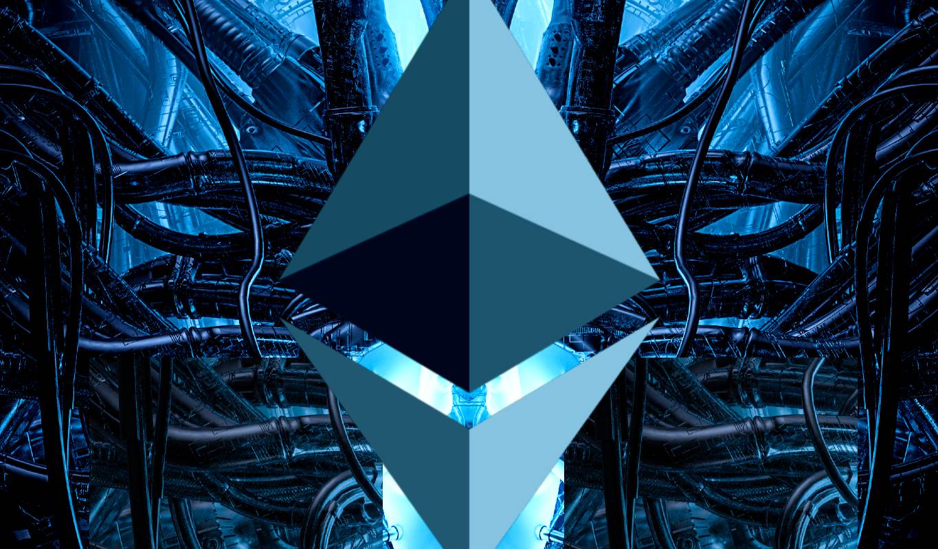 Picture of an ETH logo with a criss cross of wires behind it