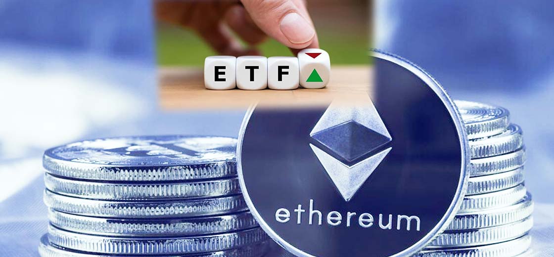 Picture of an Ethereum coin with ETF being held above it by a hand