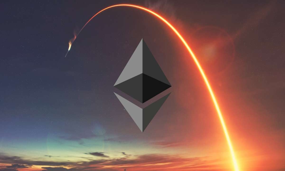 Picture of an Ethereum logo with a rocket flying over it