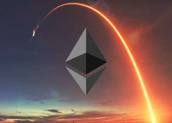 Picture of an Ethereum logo with a rocket flying over it