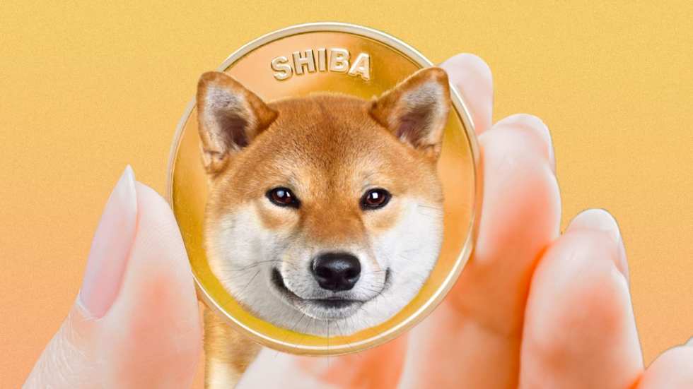 Picture of a hand holding a Shiba Inu coin, which is also the icon for Dogecoin