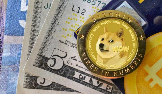 Picture of a Dogecoin on top a $5 bill