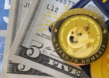 Picture of a Dogecoin on top a $5 bill