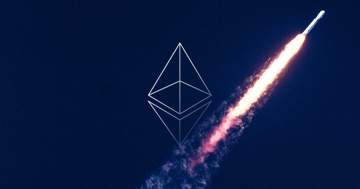 Picture of an Ethereum logo with a rocket launching behind it
