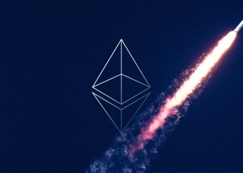 Picture of an Ethereum logo with a rocket launching behind it