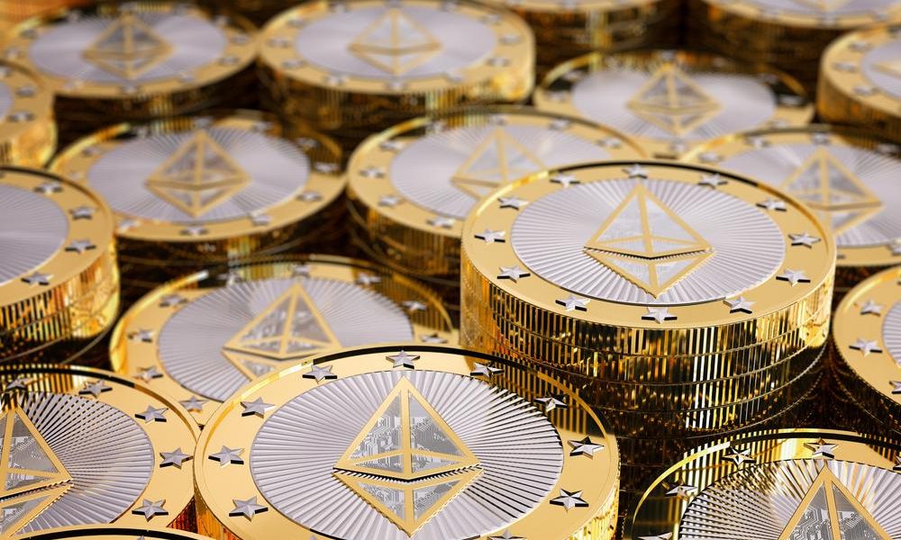 Picture of Ethereum coins stacked together
