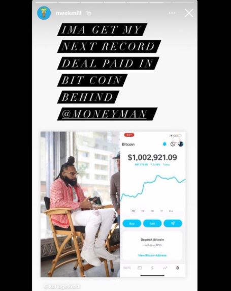 Meek Mill, Bitcoin Instagram story screenshot