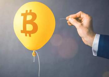 Picture of a hand with a needle about to prick a balloon with bitcoin logo on it, representing the BitConnect scam