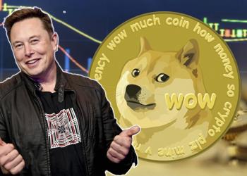 Picture of Elon Musk in front of a Dogecoin