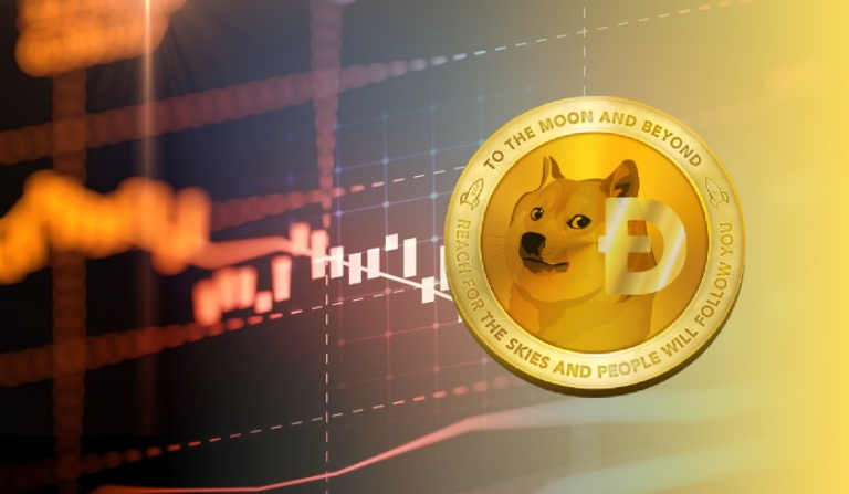 Picture of a Dogecoin next to a market chart