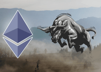 Picture of a bull charging towards an ETheruem logo