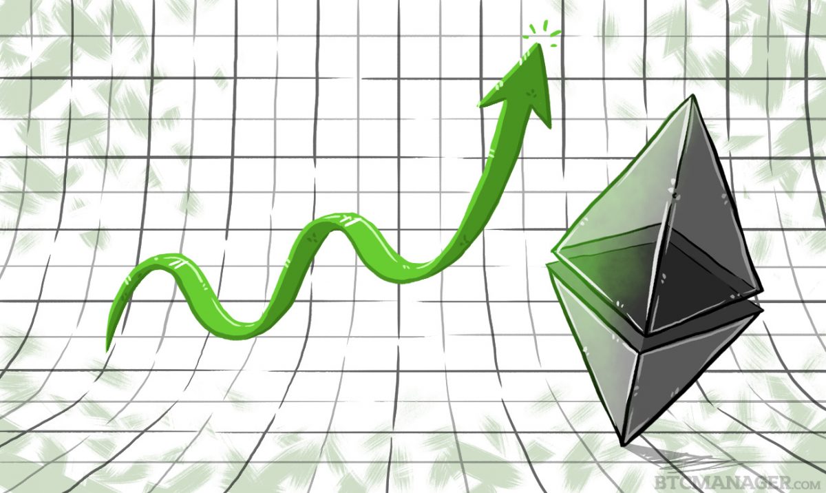 Picture of a Ethereum logo with a green upward arrow next to it