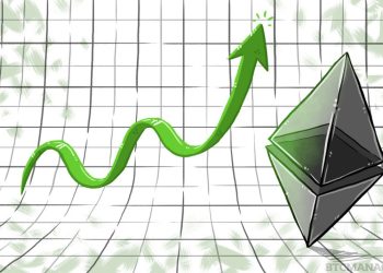 Picture of a Ethereum logo with a green upward arrow next to it