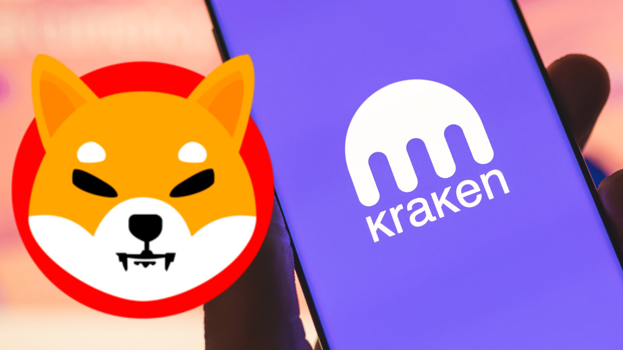 Picture of a Shiba Inu logo next to a mobile phone with Kraken app open on it