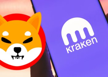 Picture of a Shiba Inu logo next to a mobile phone with Kraken app open on it
