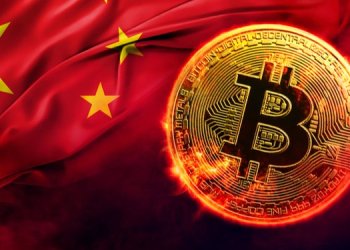 A bitcoin in front of a Chinese flag