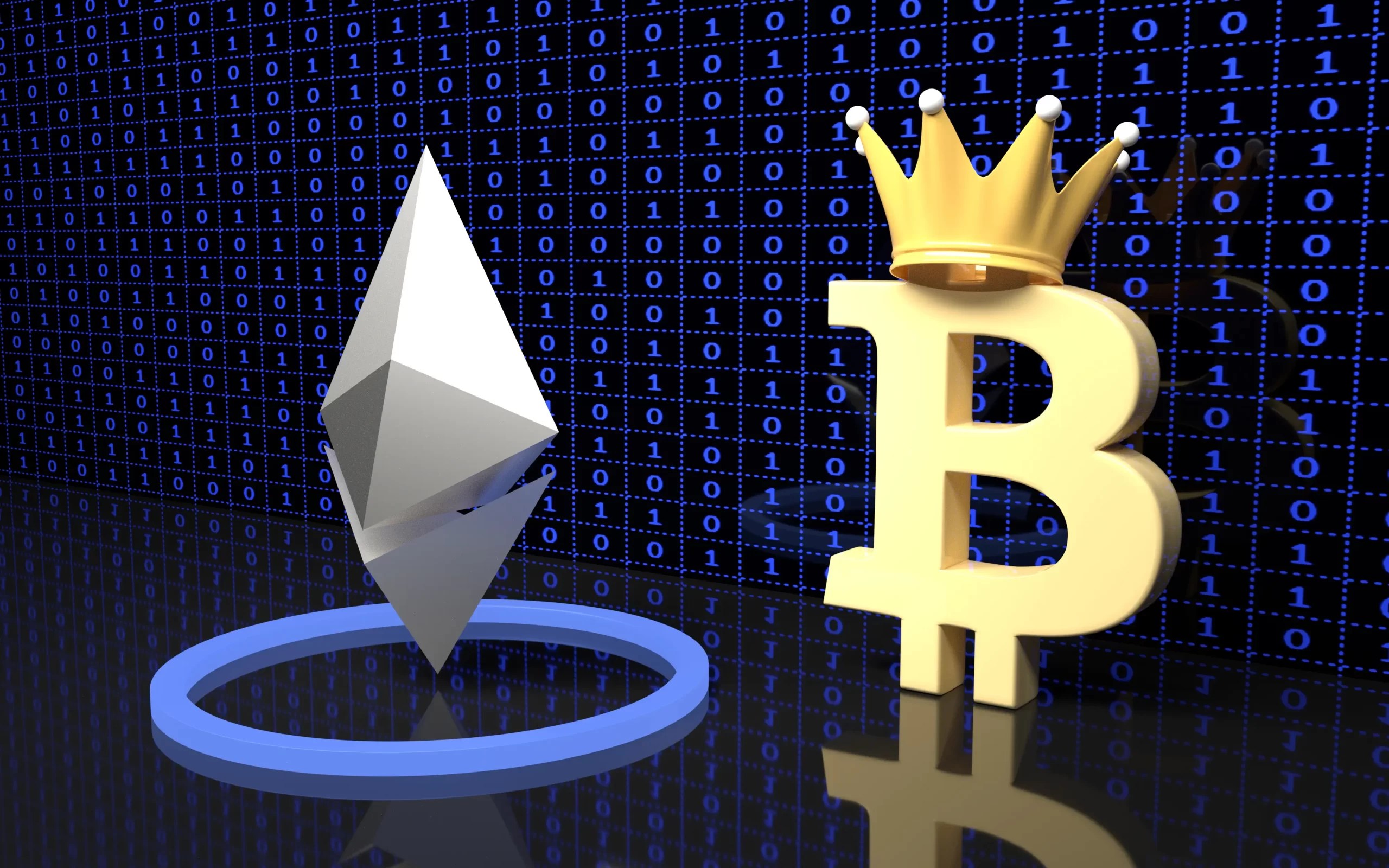 An ethereum next to a bitcoin