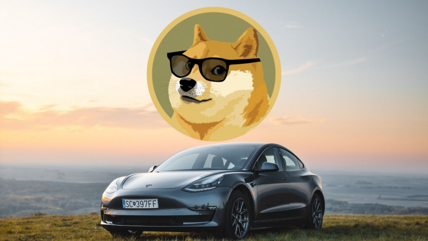 Picture of a Tesla with a Dogecoin above it