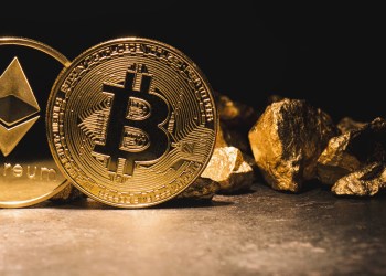 Bitcoin, ethereum and gold next to one another