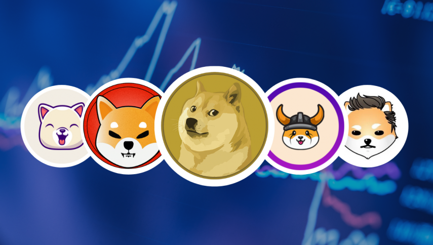 Picture of various meme coins, including Dogecoin and Shiba Inu