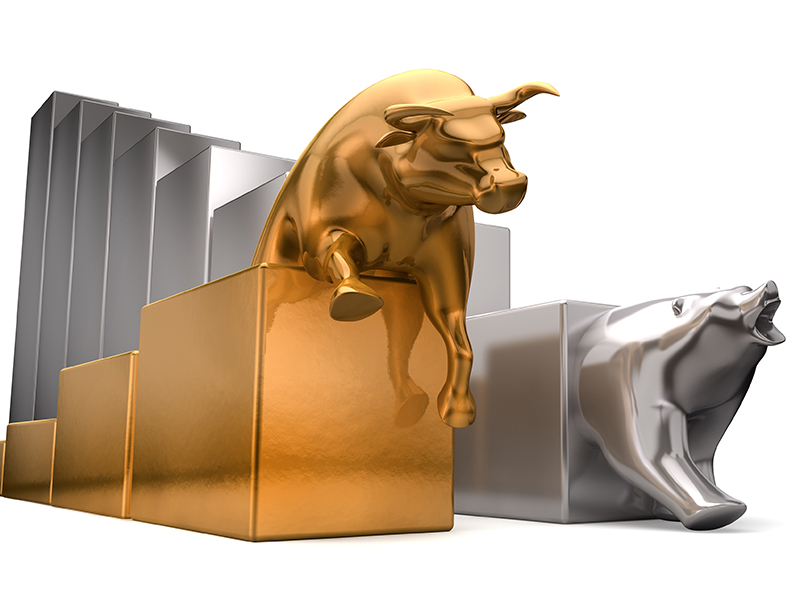 A bear and a bull representing bear trend of bitcoin mining stocks