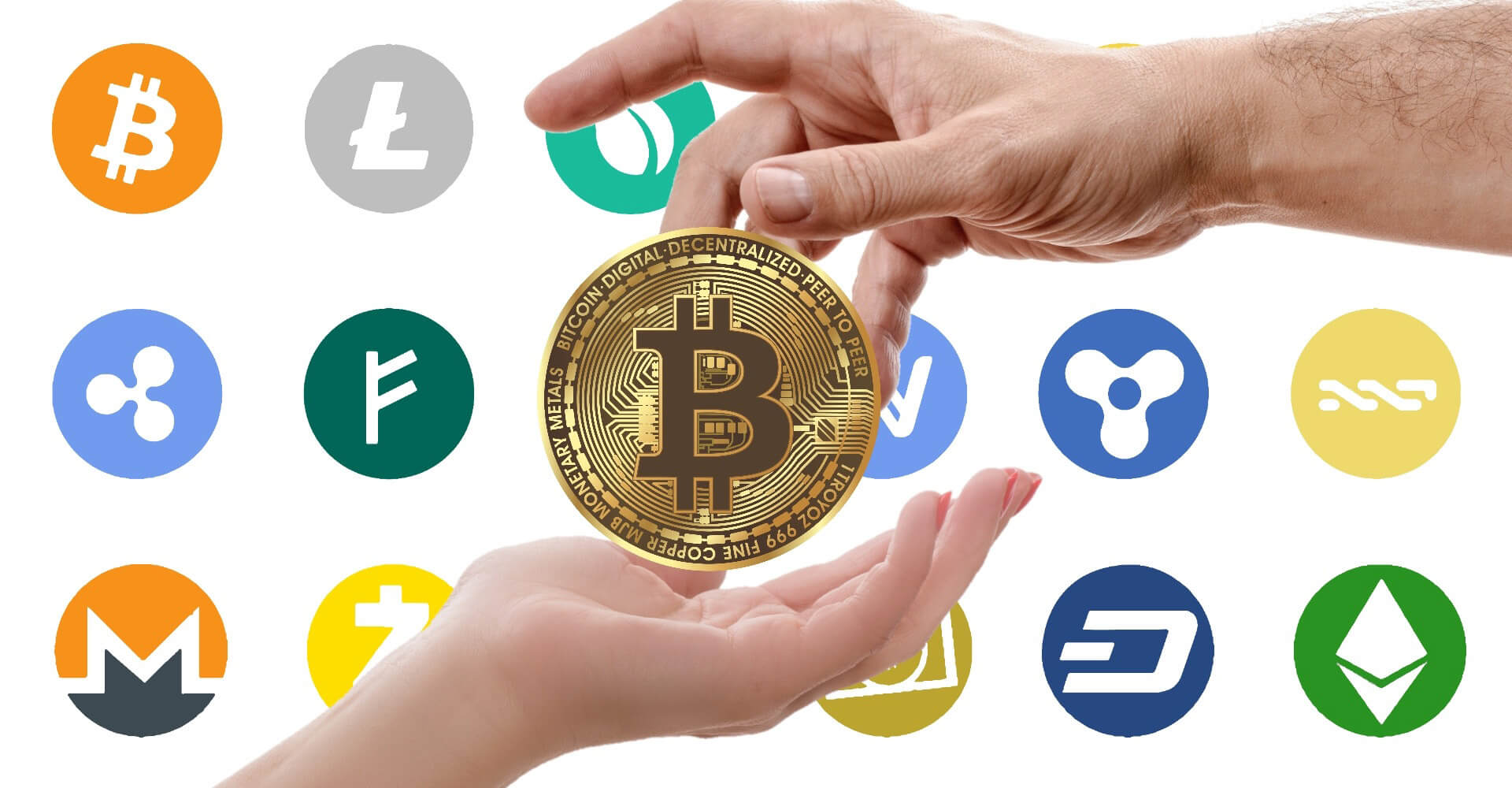 Hand receiving bitcoin from another hand
