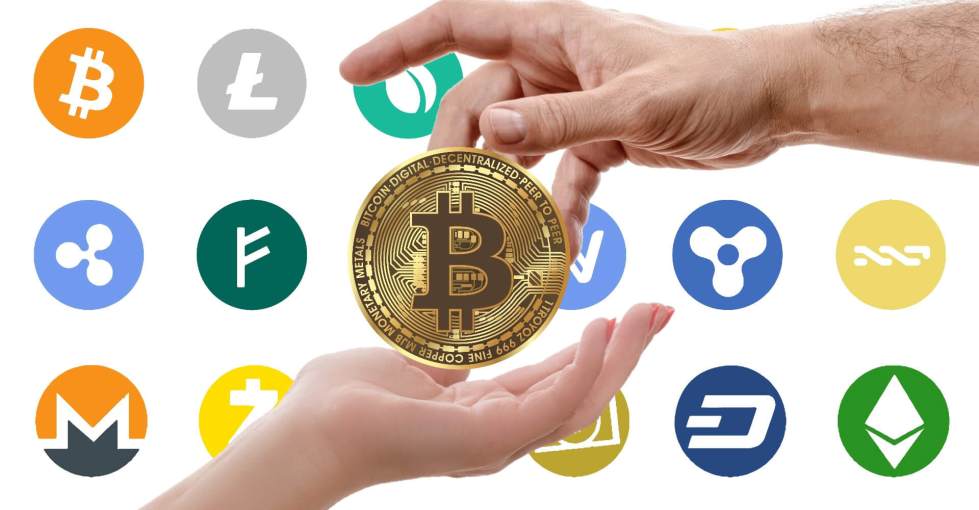 Hand receiving bitcoin from another hand