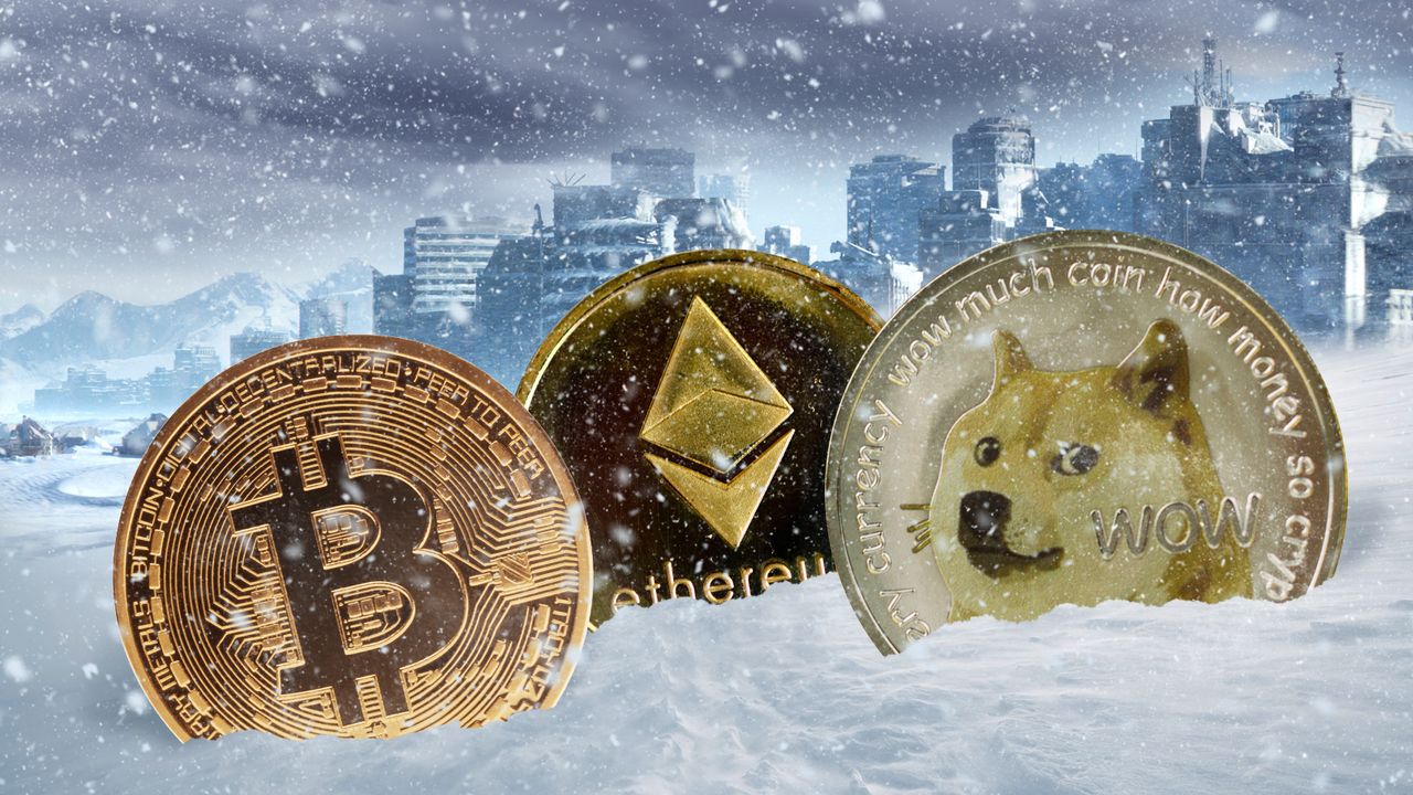 Crypto coins in snow