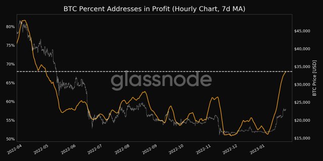 The percentage of addresses in profit in Bitcoin reached its highest level in the last 8 months. Source: Glassnode.