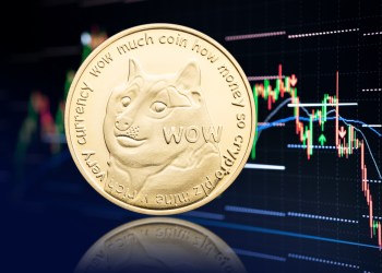 Dogecoin coin and stock chart at background with price falling