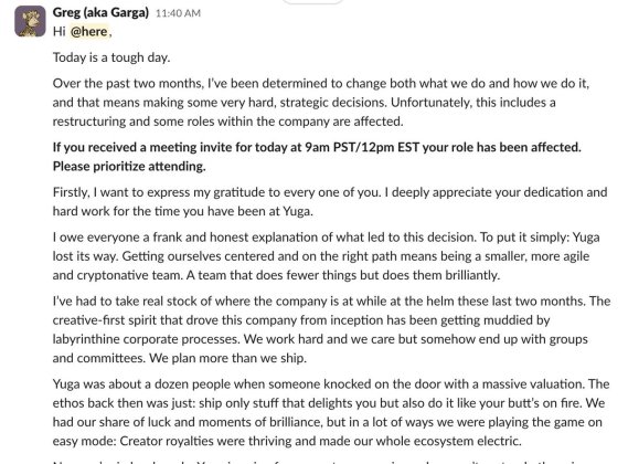 Yuga Labs kündigt eine weitere Umstrukturierung und Entlassung des Unternehmens innerhalb von 6 Monaten an