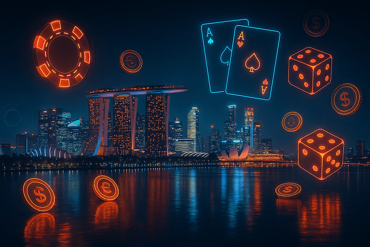 A featured image of an article about the best online casinos in Singapore, showing the Marina Bay Sands in the background, as well as playing cards, chips, and dice.