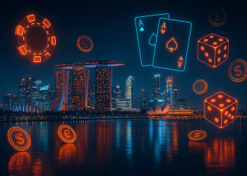 A featured image of an article about the best online casinos in Singapore, showing the Marina Bay Sands in the background, as well as playing cards, chips, and dice.