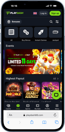 A mobile screenshot of the PlayDash Singapore online casino showing the game lobby
